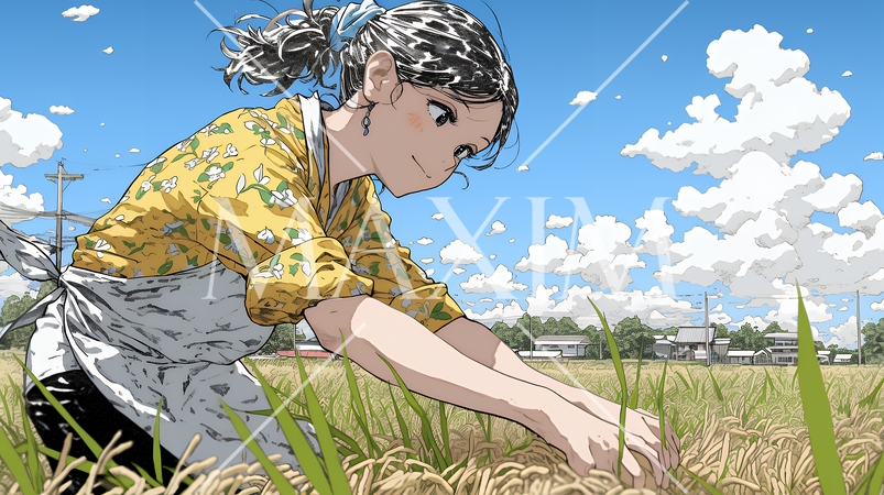 田んぼで農作業をしている女性