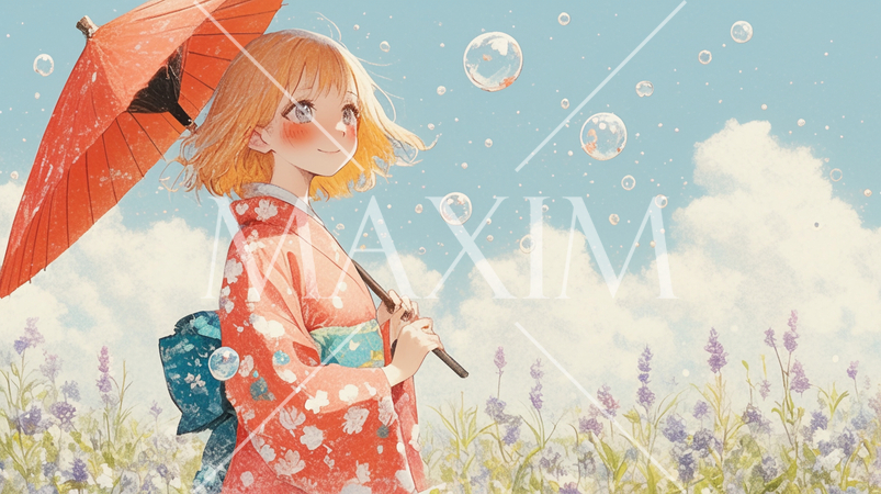 着物を着てラベンダー畑を歩く女の子