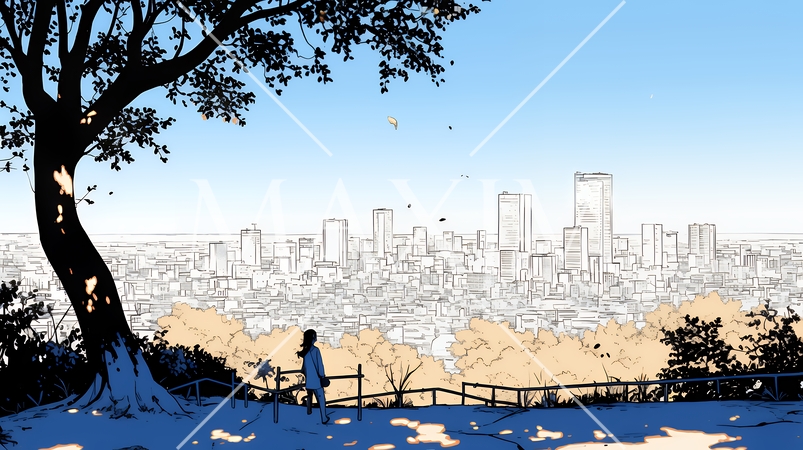 都市の町並みと青空（シンプルな色使い）