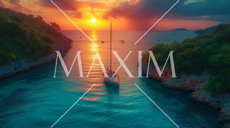 南洋の孤島とヨットと夕日：精緻CG