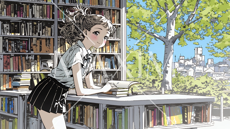 書店で本を選ぶ女子高生