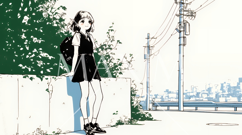 若い女性が佇む都市の街角（シンプルな色使い）