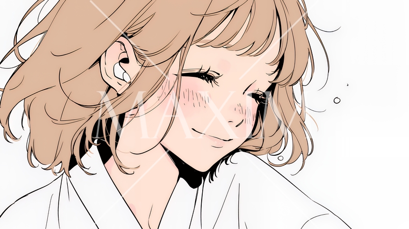 「うふふ」と微笑んでいる若い女性（シンプルな色使い）