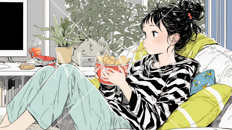 ポテトチップスをつまみながら、ひとりでビデオを観る若い女性