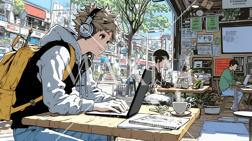 カフェでフリーランスや学生が仕事や勉強をしている