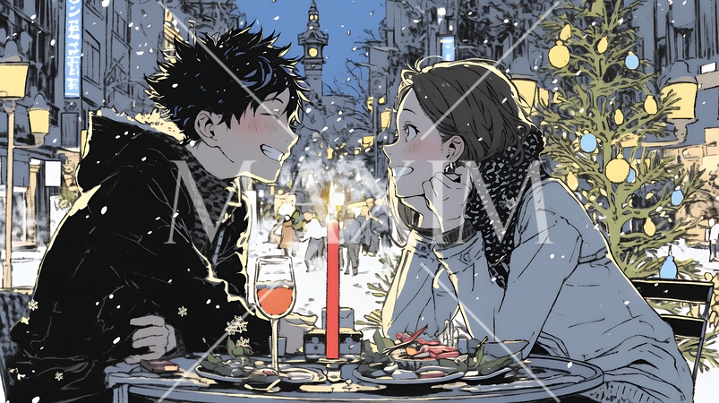 クリスマスディナーを楽しんでいる若いカップル