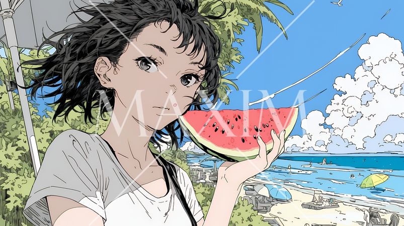 スイカを海辺て食べている若い女性