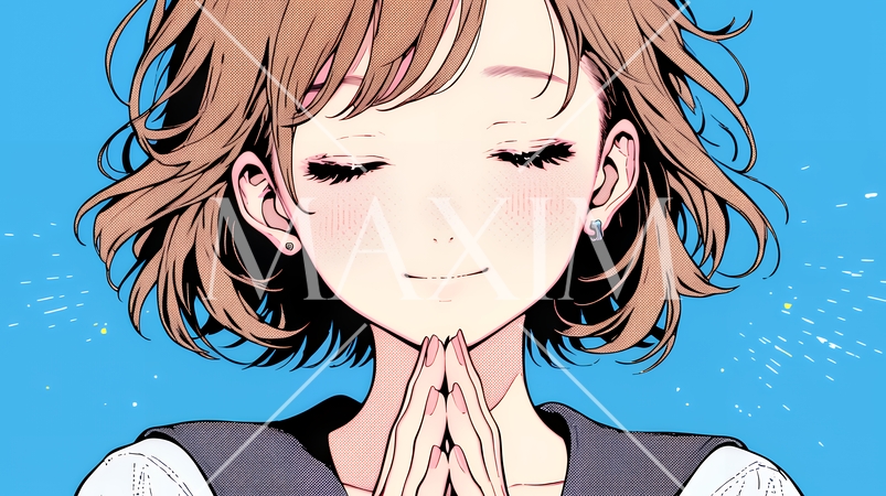 にっこり笑って手を合わせて「お願い」と甘える若い女性