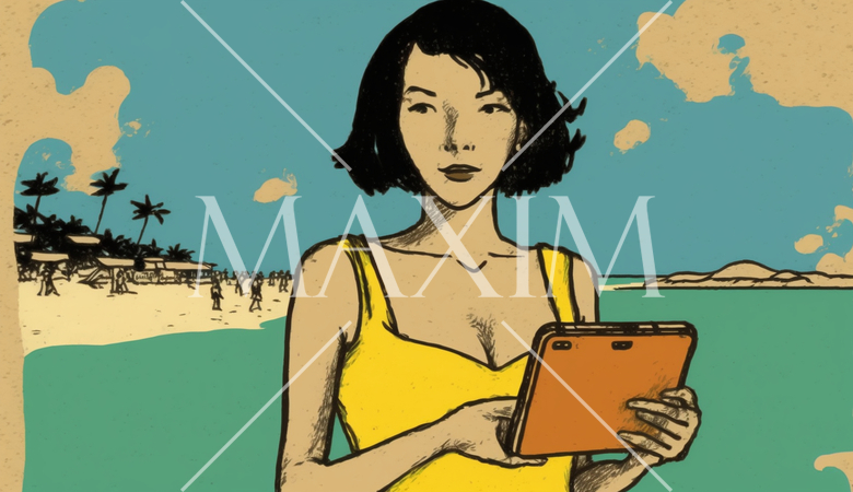 海辺のリゾートに来ているのに仕事のデジタルデバイスを手放せない女性