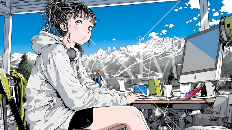 スキーリゾートに来ているのにPCを手放せない若い女性