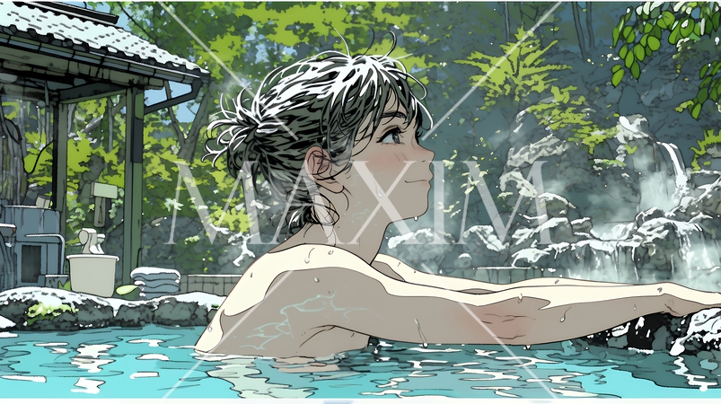 露天風呂に浸かっている若い女性