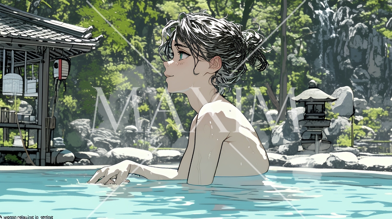 露天風呂に浸かっている若い女性