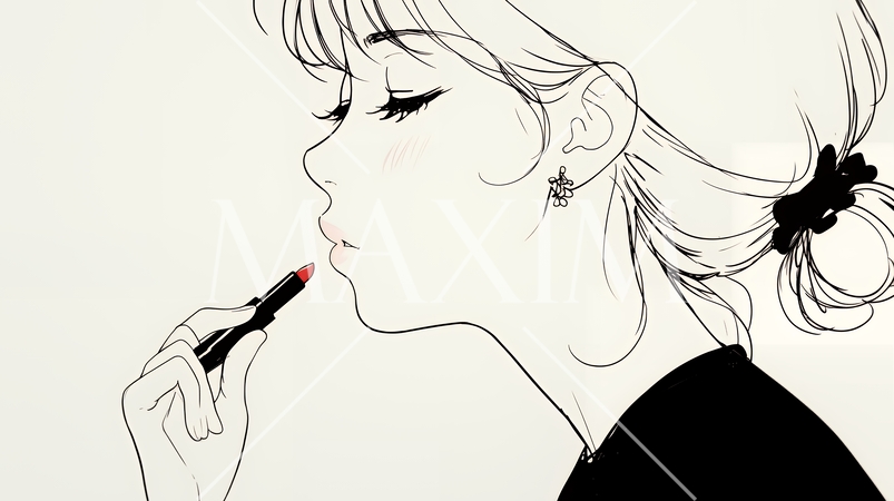 化粧をしている（口紅をつけている）若い女性（シンプルな色使い）