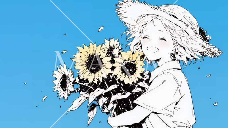 ひまわりと女性（シンプルな色使い）