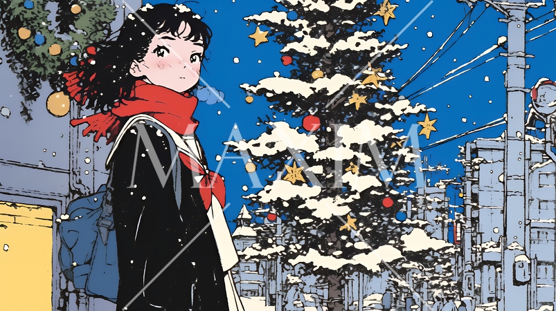 ホワイトクリスマスの街を歩く若い女性