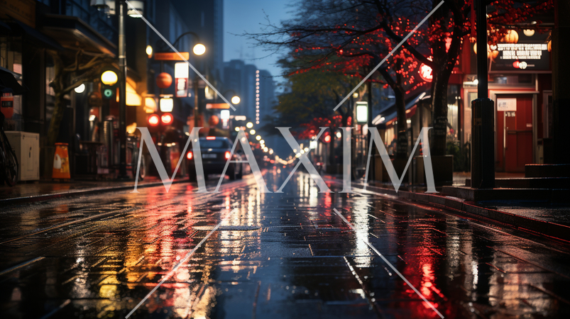 雨上りの夕暮れの街角