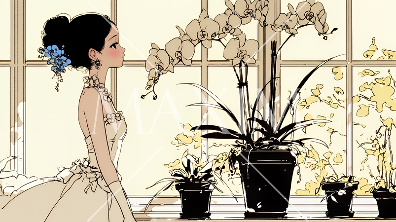 蘭の花と若い女性（シンプルな色使い）