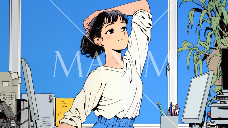 仕事の合間にストレッチ（伸び）をする女性