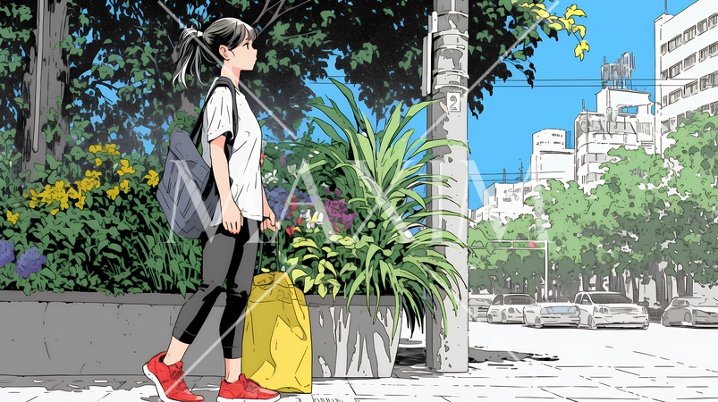 一人旅の旅先、街角で足を止めて道を確かめる若い女性