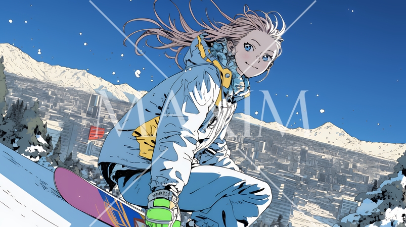 スノーボードを楽しんでいる若い女性