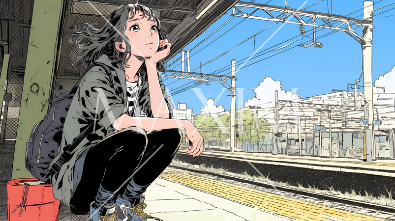 駅のホームで、なかなか来ない電車を待ちくたびれている若い女性