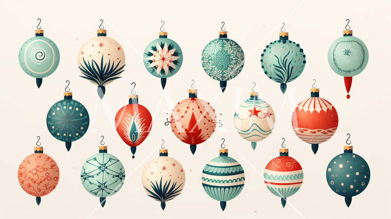 クリスマスツリーのオーナメント（飾り付け）の手書き風アイコンのリファレンスシート