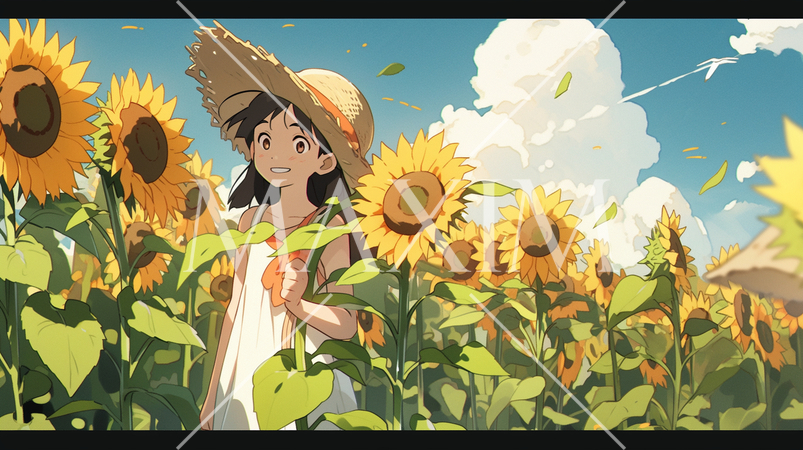 ひまわり畑の中にいるかわいらしい女の子