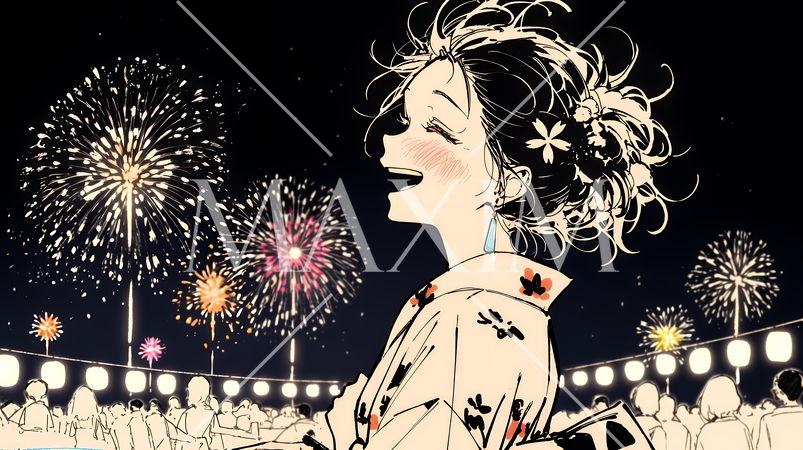打ち上げ花火を見ている浴衣を着た若い女性（シンプルな色使い）