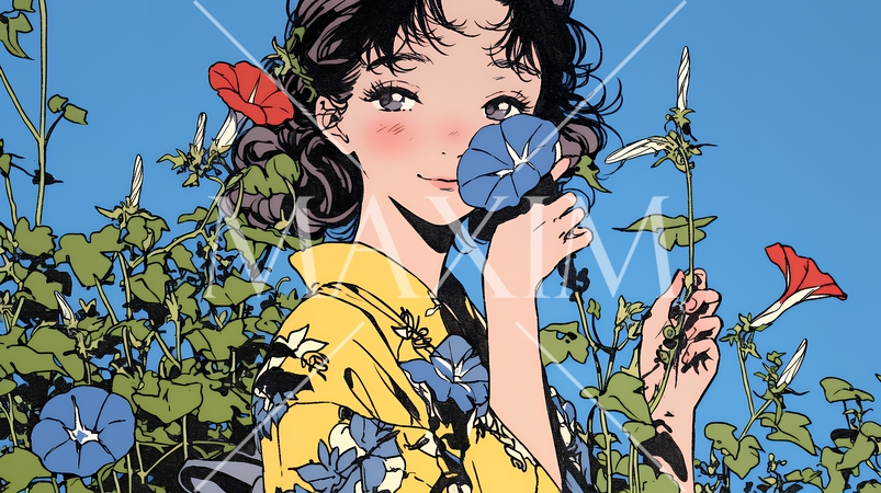 アサガオと浴衣姿の若い女性