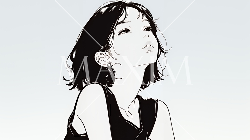 ぼんやり空を見上げている若い女性（シンプルな色使い）