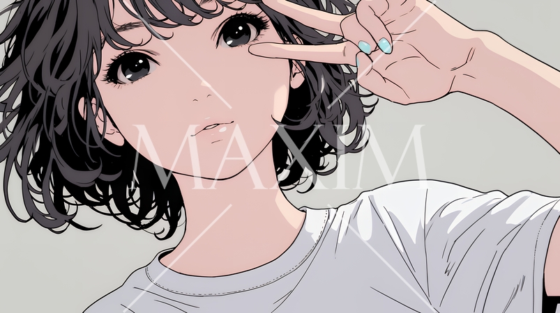 笑顔でピースサインを見せる若い女性