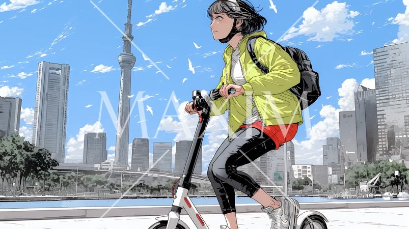 特定小型原付で都会を移動するビジネスパーソン