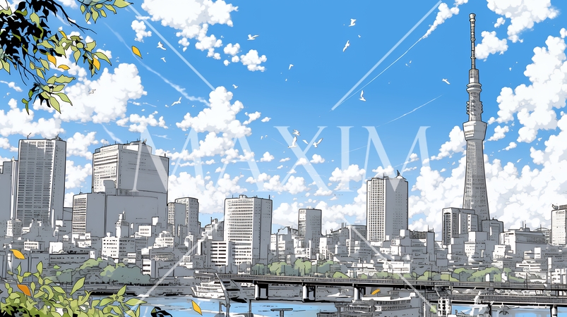 都市の町並みと青空