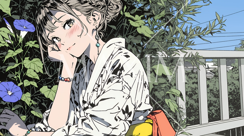 アサガオと浴衣姿の若い女性