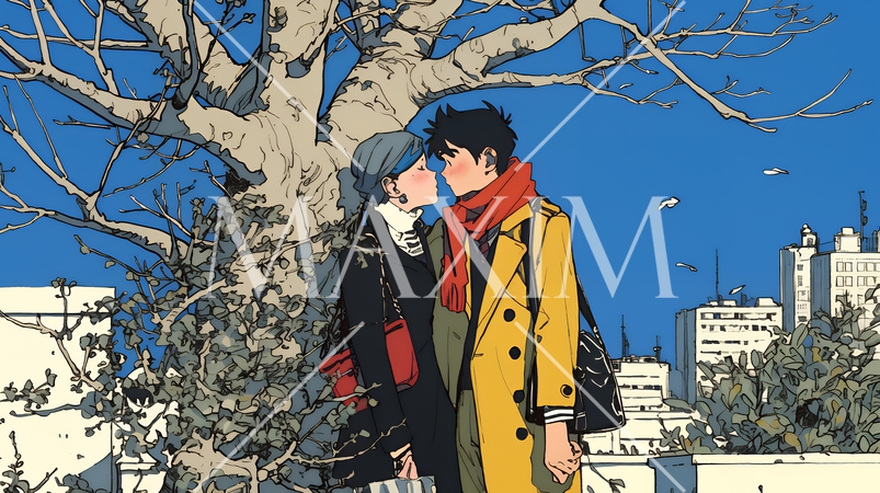 冬枯れ街をデートしている若い恋人たち