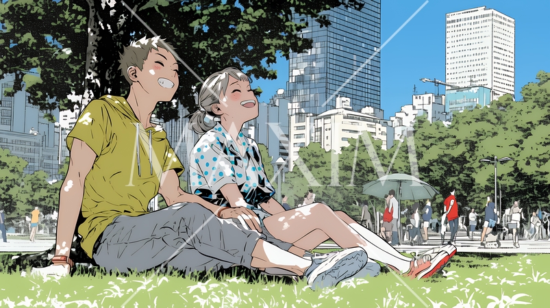 新緑の芝生が広がる都会の公園でくつろぐ若い男女