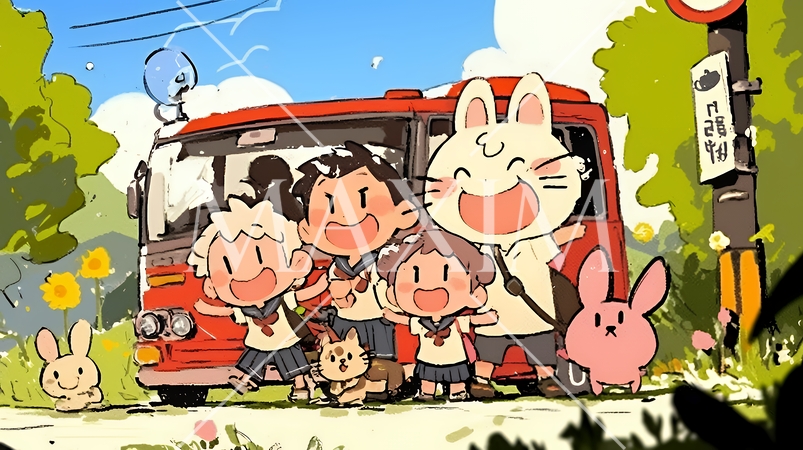 小学生の夏の思い出：自然とのふれあい（クレヨン＋水彩画風）