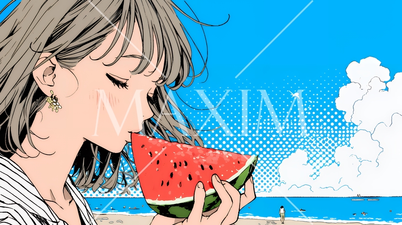 スイカを海辺て食べている若い女性