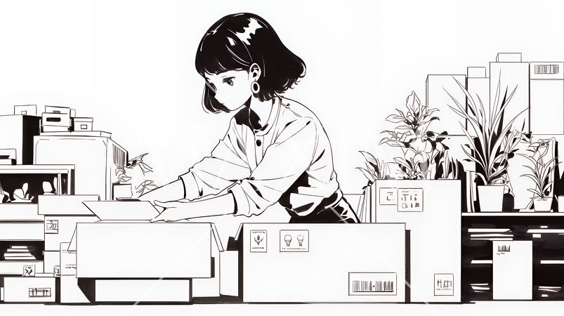 引っ越しの荷造り・荷解きをしている若い女性（シンプルな色使い）