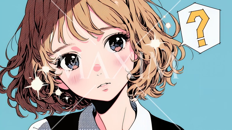 クエスチョンマークのある場面：疑問を感じて頭の中にクエスチョンマークが生まれている若い女性