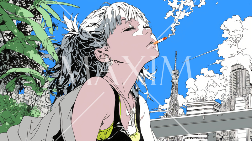 くわえたばこで喫煙している若い女性