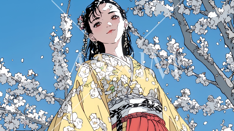 梅花と和服姿の若い女性