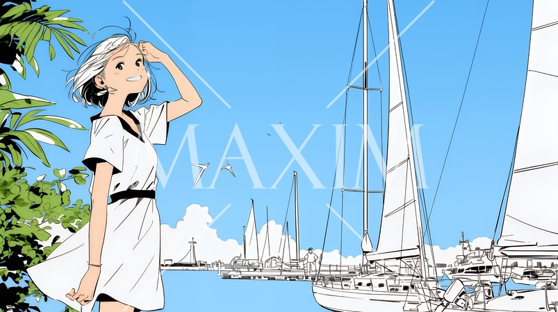 沖縄のヨットハーバーに立つ若い女性（シンプルな色使い）