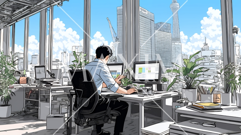 職場のデスクでパソコンに向かって仕事をしているビジネスマン