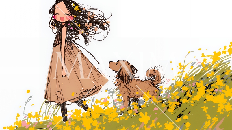 愛犬と散歩をしている女の子（クレヨン＋水彩画風）