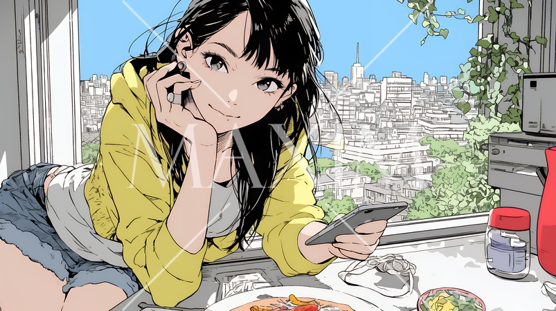 食事の最中もスマホを手放せない若い女性