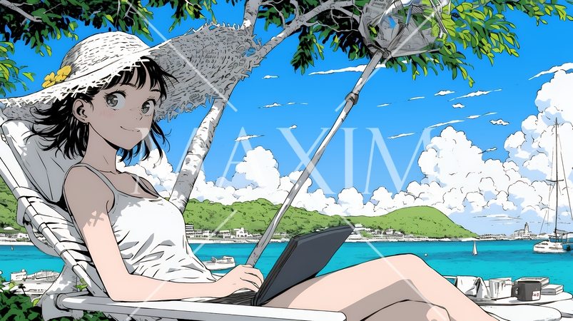 ワーケーション：休暇を楽しみながら仕事をしている女性