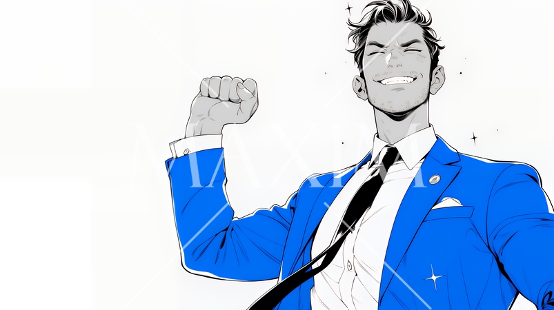 ガッツポーズ（拳を握って力強く）をしているビジネスマン（シンプルな色使い）