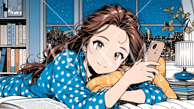 ベッドに横になってスマートフォンをいじくっている若い女性