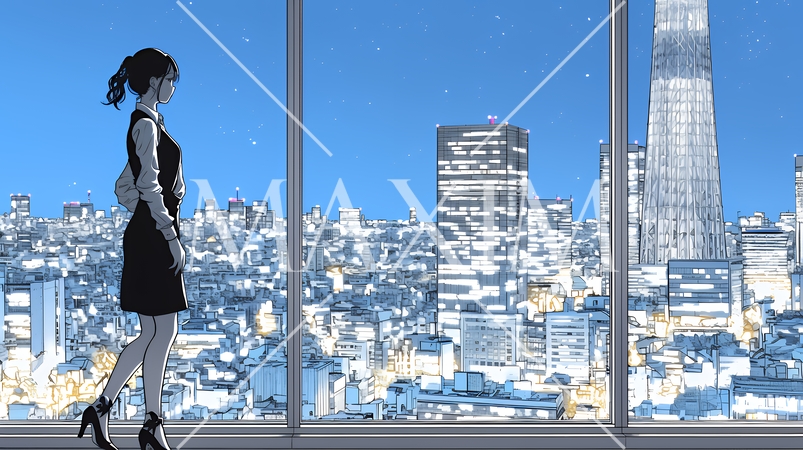 高層ビル群を見下ろすキャリア女性